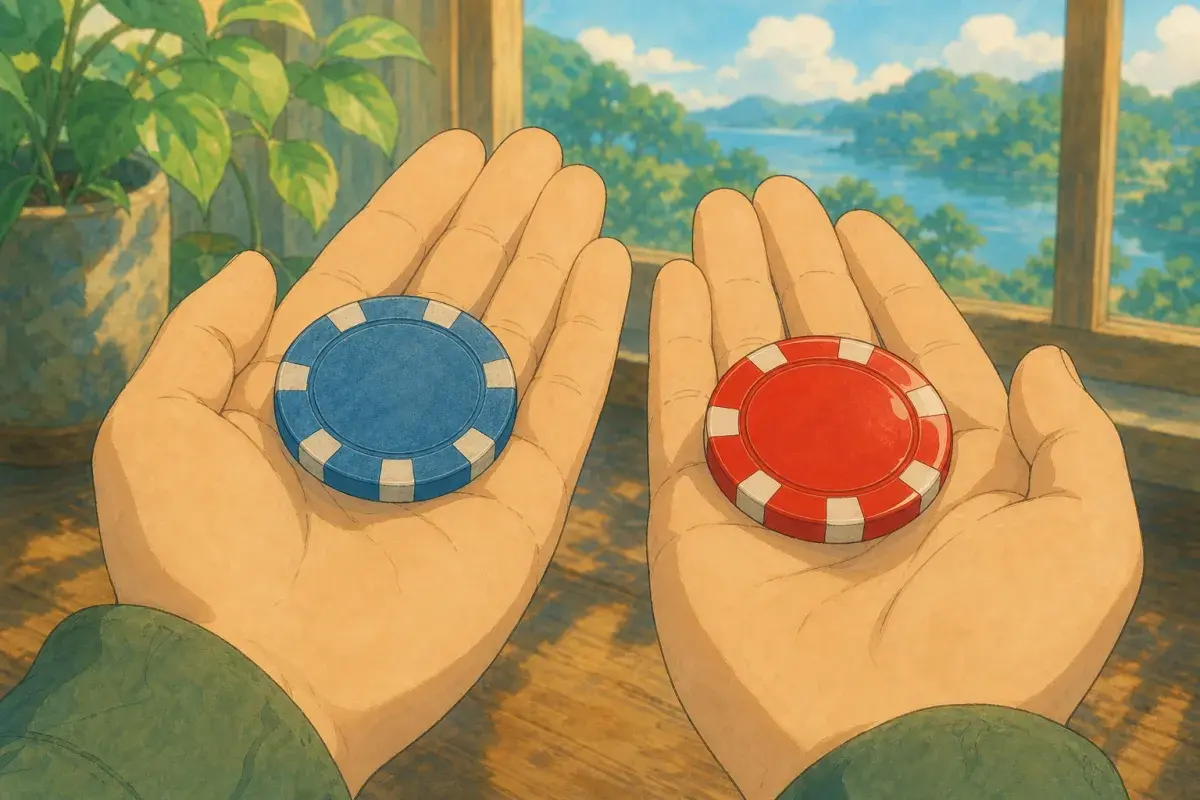 Illustration of two custom poker chips on open hands comparing clay and ceramic — are ceramic or clay poker chips better