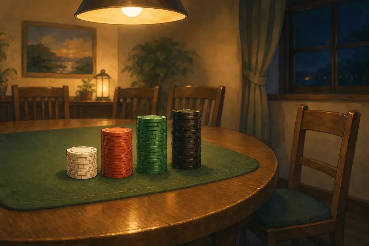Four colour-separated cash game chip stacks on a home dining table under warm lamp light — cash game poker chip denominations by stakes