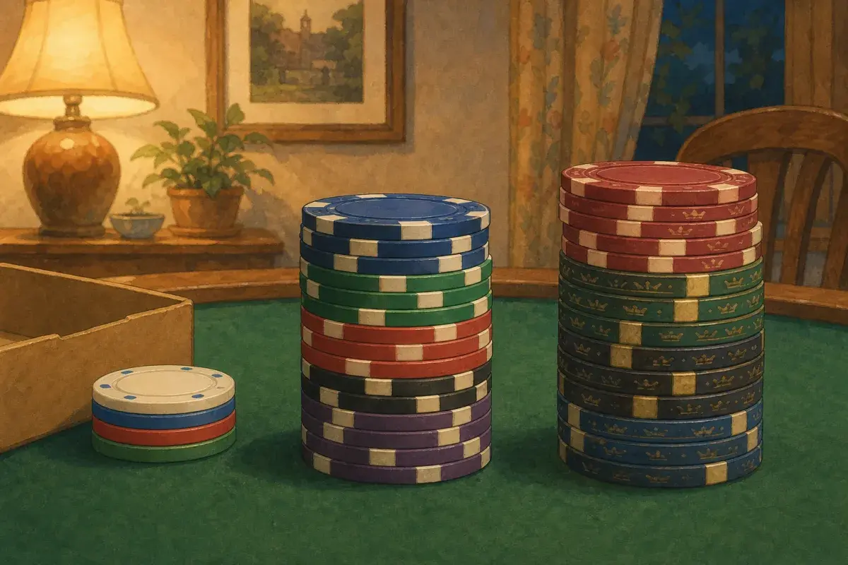 Three stacks of poker chips on felt — small thin plastic, medium professional custom, tall ornate collector style — value sweet spot concept