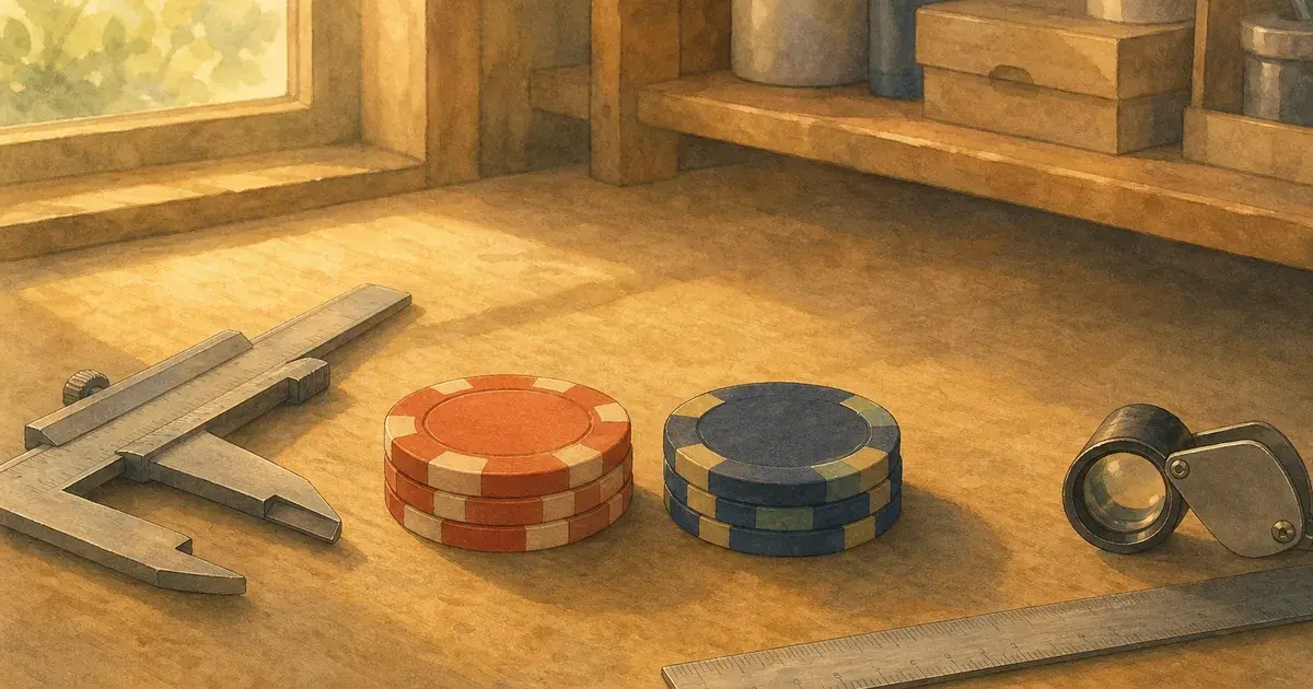 Ghibli-style workshop shelf with calipers beside small coin-sized chip stacks showing bevelled and flat edges — poker chip specifications guide