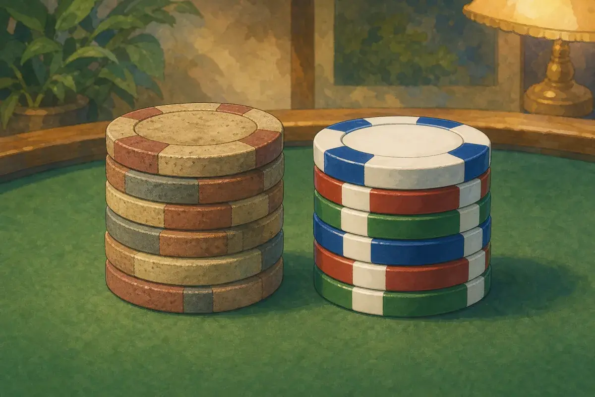 Illustration of two stacks of custom poker chips with contrasting clay and ceramic textures — clay vs ceramic comparison guide
