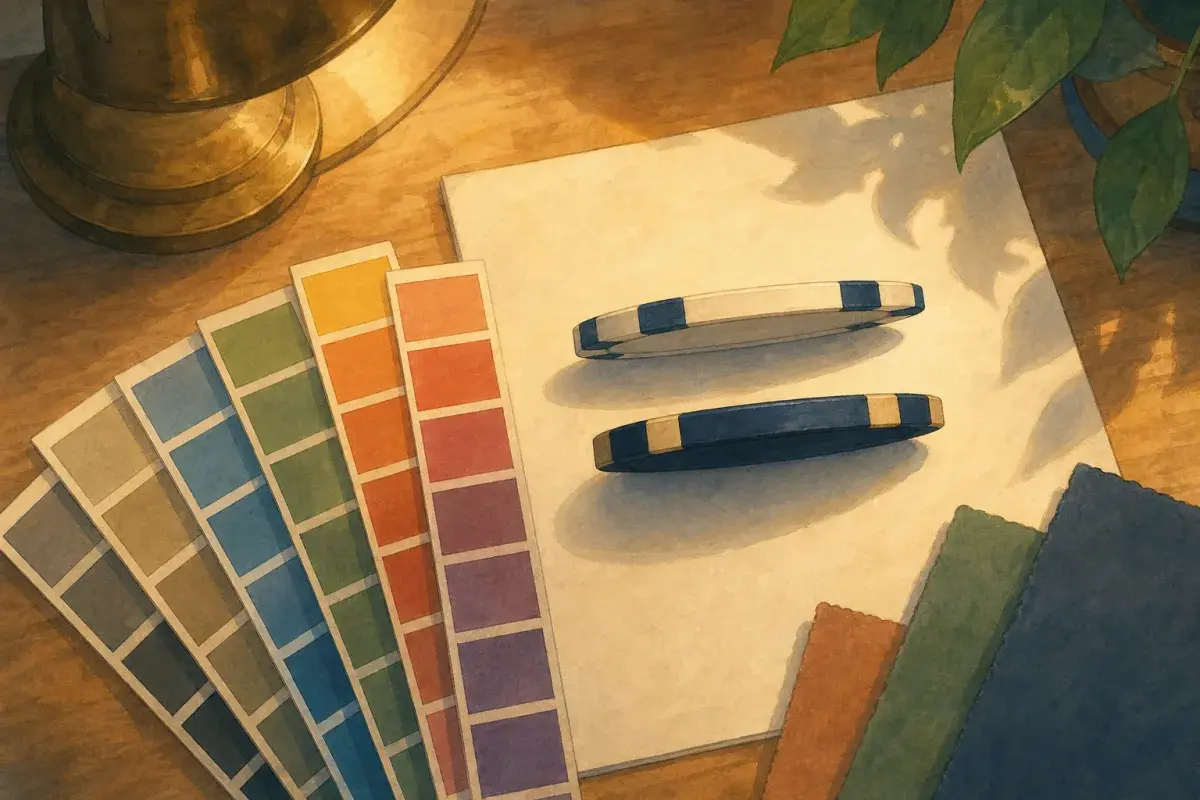 Ghibli-style design desk with colour swatch strips beside two chip edge profiles showing contrasting rim bands — custom poker chip edge spots guide