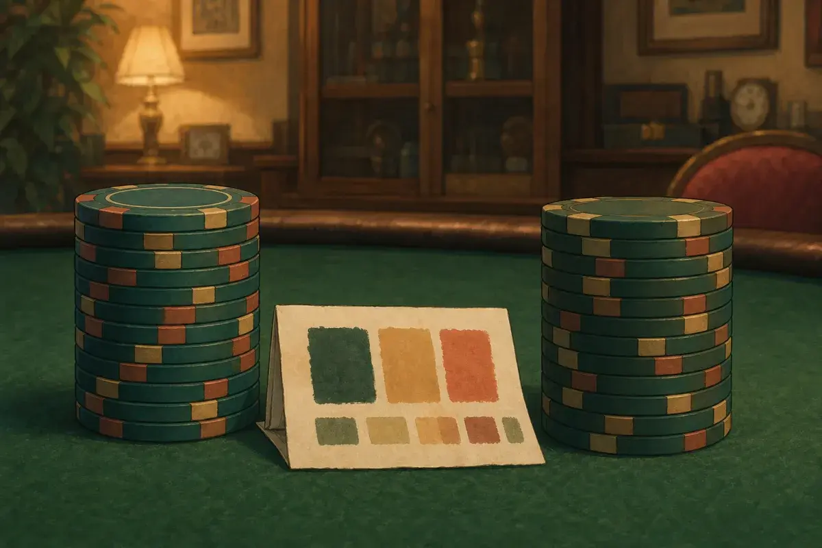 Studio illustration of two nearly identical stacks of custom poker chips side by side with a folded proof sheet — reorder colour matching