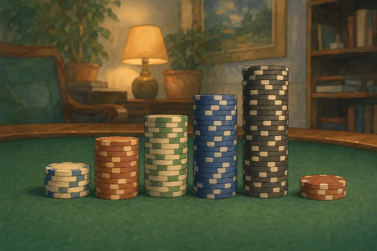 Studio illustration of several tall poker chip stacks of different heights beside a smaller starter stack — custom chip volume pricing concept