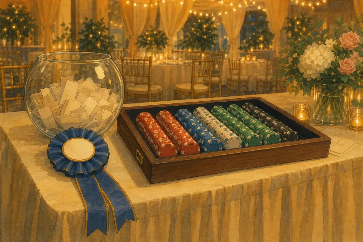Ghibli-style charity gala table with raffle ticket bowl, sponsor ribbon on chip tray, and warm amber room light — custom poker chips for charity poker nights