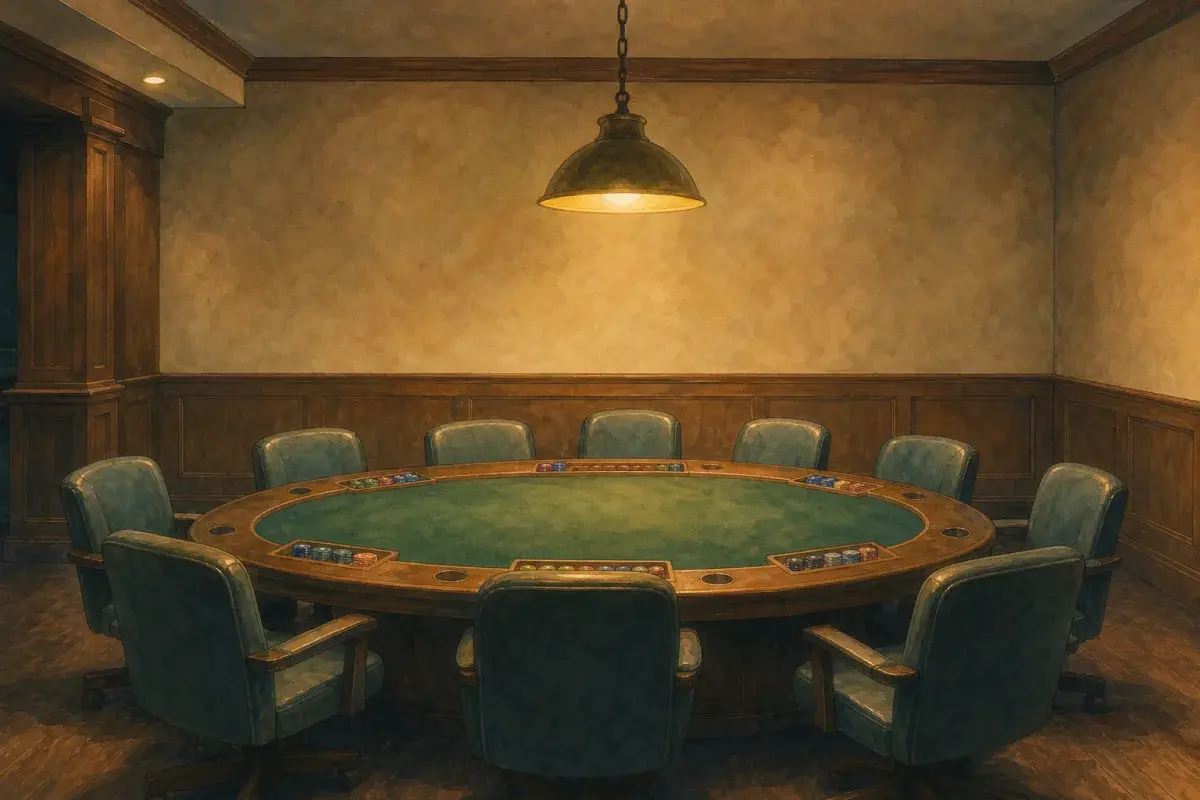 Ghibli-style wide view of a dedicated basement game room with pendant lamp, empty poker chairs, and chip trays on a built-in table rail — custom poker chips for a game room