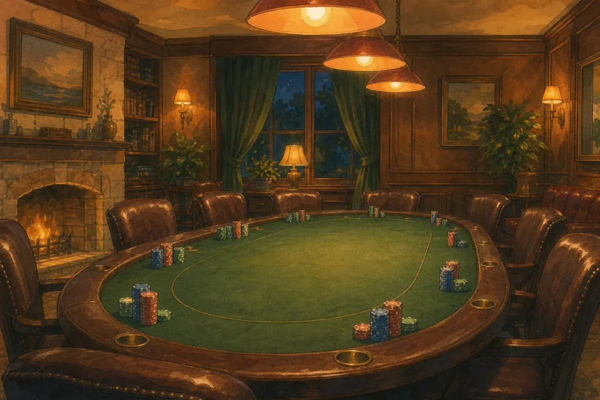 Illustration of an empty poker club table with chip stacks under warm lamp light — custom poker chips for poker clubs