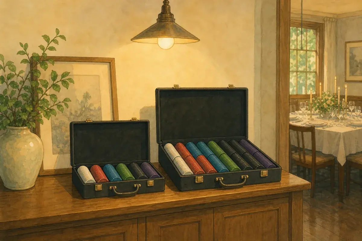 Ghibli-style illustration of two chip cases labelled by size — smaller 300-piece case beside larger 500-piece case on a sideboard — custom poker chips minimum order