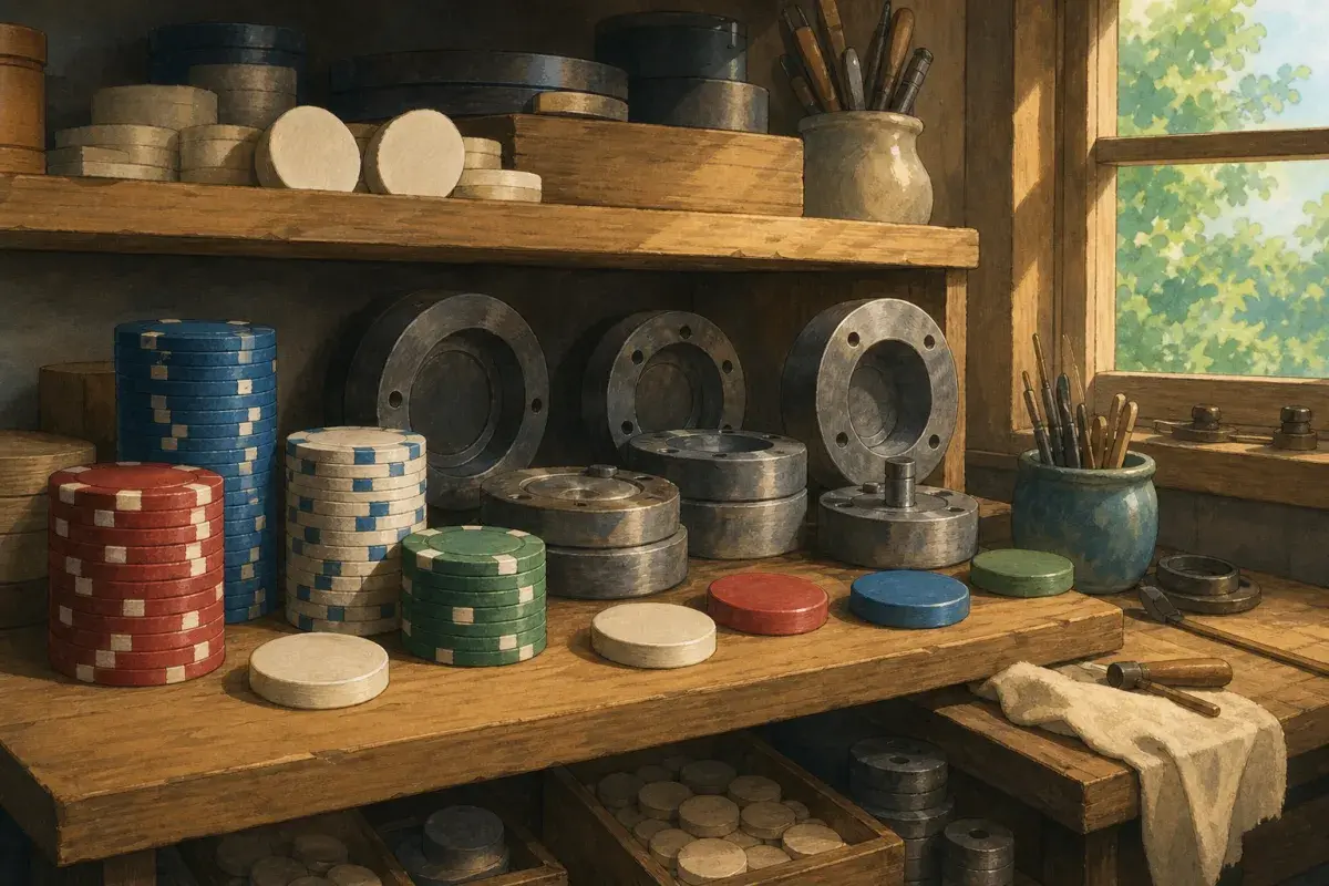 Illustration of a craftsman's workshop shelf with poker chip moulds and blanks — custom poker chips UK buying guide