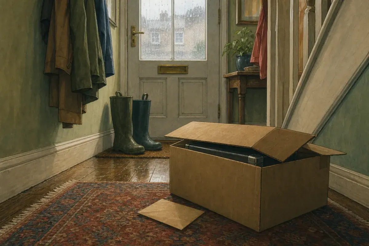 Studio Ghibli-style illustration of a UK hallway with a courier box and metal poker chip case by the front door — custom poker chips UK delivery