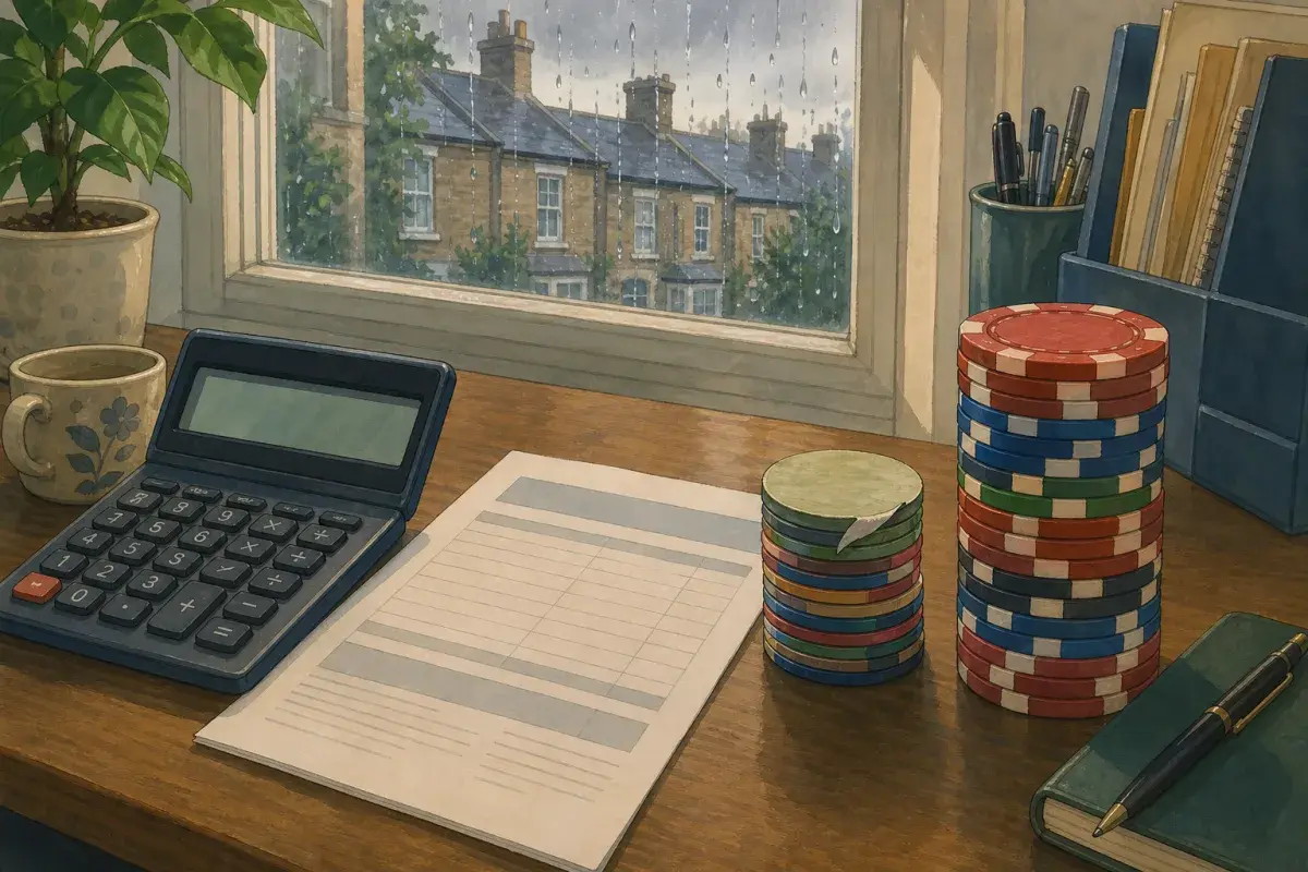 Studio Ghibli-style illustration of a UK desk with a calculator, itemised quote printout, and two chip stacks of different quality tiers — custom poker chips UK pricing