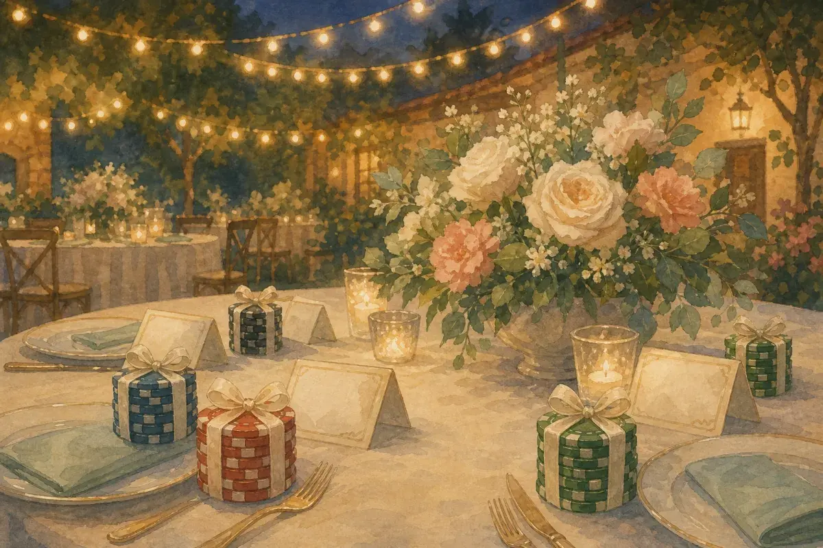 Ghibli-style wedding reception table with monogram place cards, ribboned chip favour stacks, and warm string lights — custom poker chips for wedding poker nights