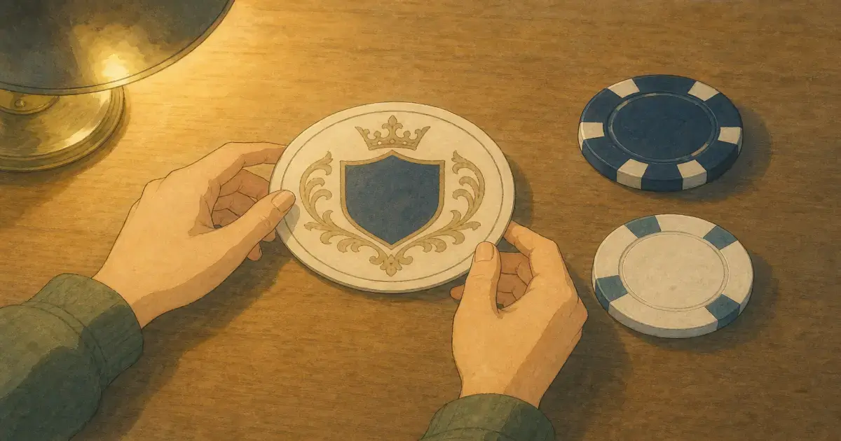 Ghibli-style design desk with hands placing a crest mockup beside clay and ceramic chip samples — custom poker chips with logo guide