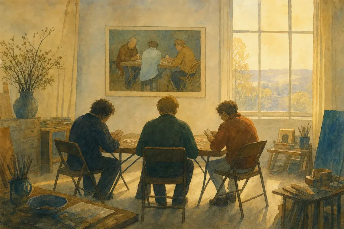 Ghibli-style quiet studio with three figures at a folding card table seen from behind, a framed painting on the wall, soft golden light — David Hockney card players tribute