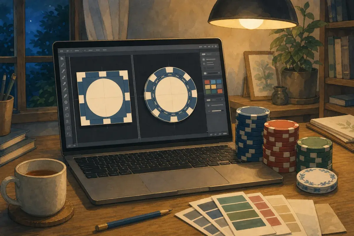 Design desk with flat browser-design mockup beside curved ring-text preview on a clay chip body — design without Illustrator