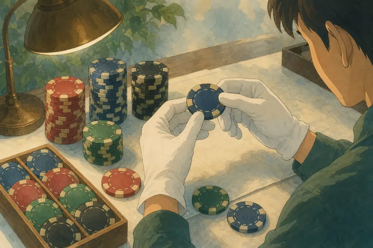 Illustration of premium poker chips inspected on a clean work surface — sourcing casino-grade custom poker chips