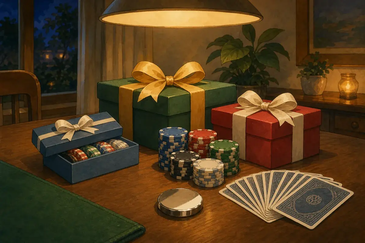 Illustration of wrapped poker gifts on a home table — playing cards, dealer button, and a premium chip stack beside ribboned boxes