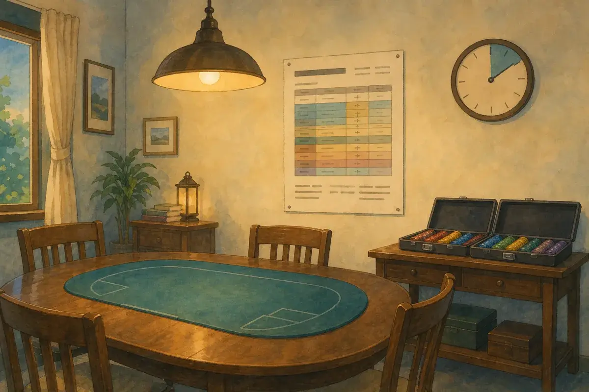 Ghibli-style home poker room with wall clock, blind-level poster, and chip trays ready for a scheduled break colour-up — home tournament colour-up guide