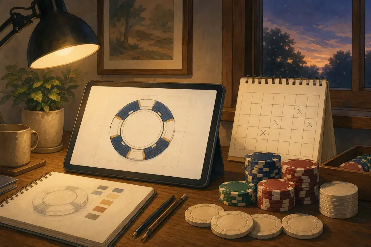 Illustration of a desk with a digital chip proof, wall calendar marked with milestones, and finished clay chips — custom poker chips order timeline