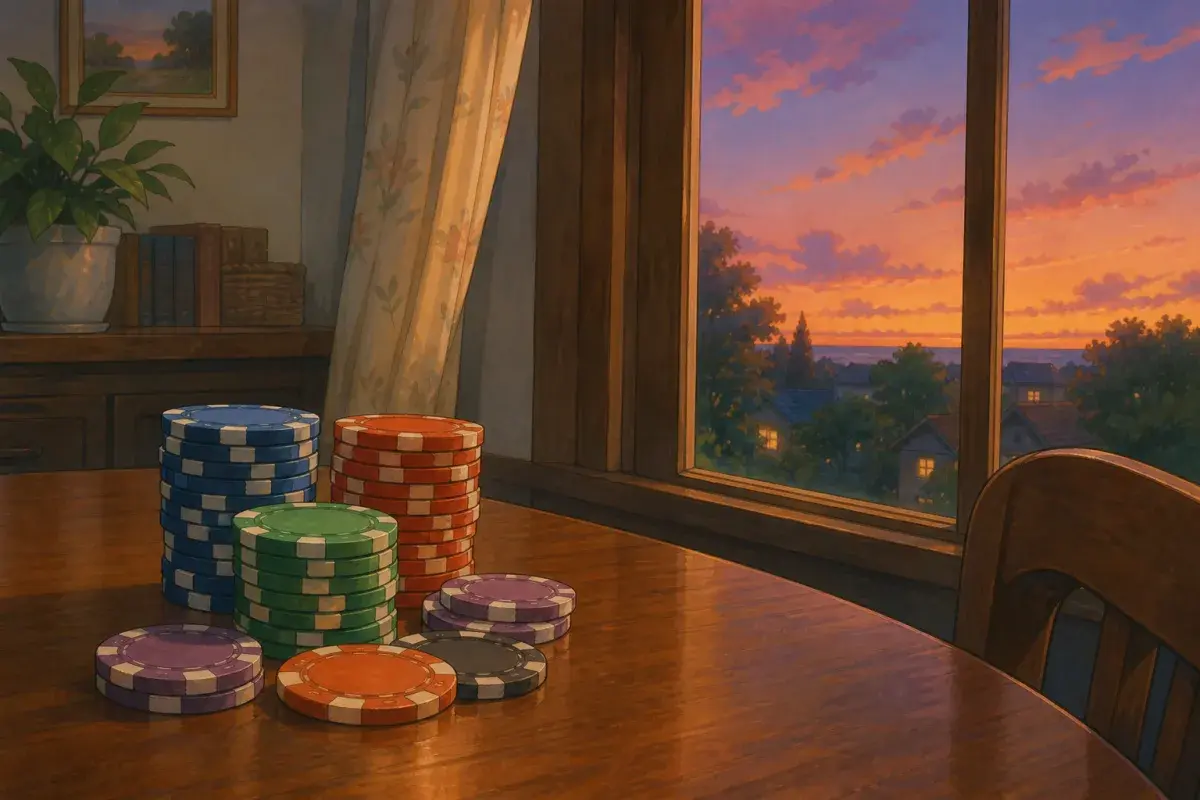 Illustration of colourful poker chips stacked on a wooden home dining table at dusk — how many chips you need for a home game