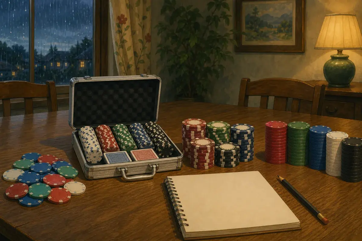 Side-by-side poker set budget tiers with plastic chips, ABS case set, and custom clay and ceramic stacks on a home table