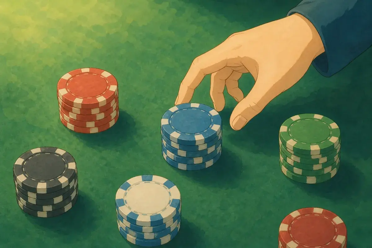 Illustration of poker chips arranged on green felt as if weighing options — how to choose custom poker chips for your game
