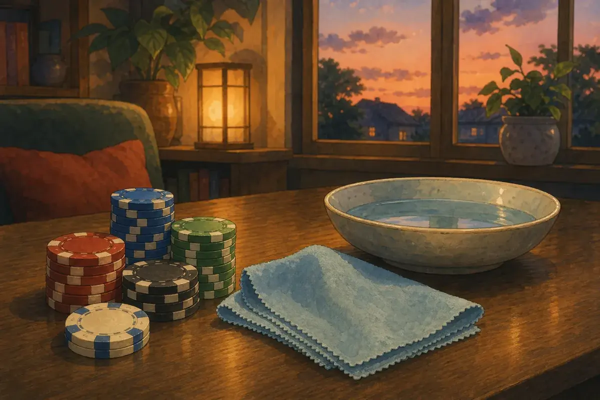 Illustration of poker chips beside a soft cloth on a wooden table — how to clean and care for clay and ceramic poker chips