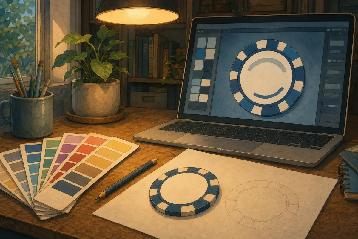 Design desk with circular chip mockup on screen, curved text controls, and colour swatches — Design Studio guide