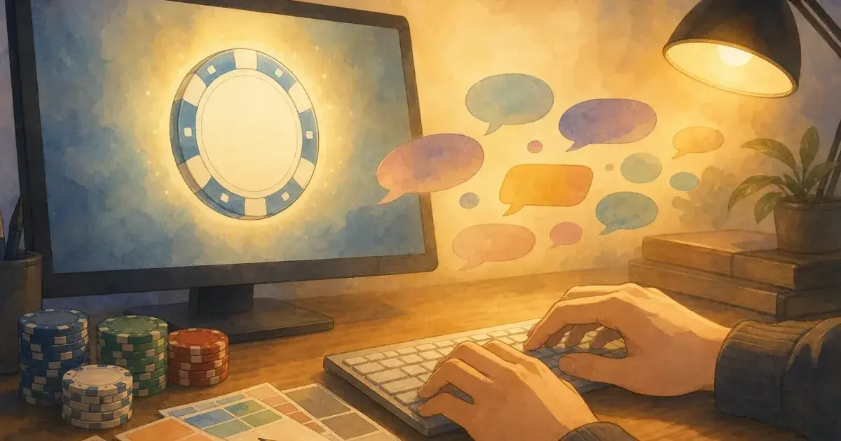 Ghibli-style design desk with hands at keyboard, glowing chip mockup on screen, and soft speech-bubble shapes — AI Label Assistant for poker chip labels