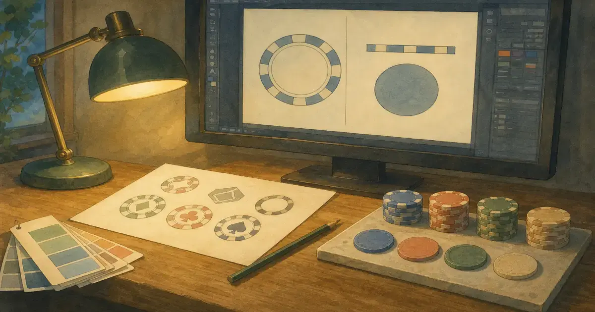 Ghibli-style design desk with clay chip blanks, vector artwork on screen, and finished casino-grade chip stacks — make your own poker chips guide
