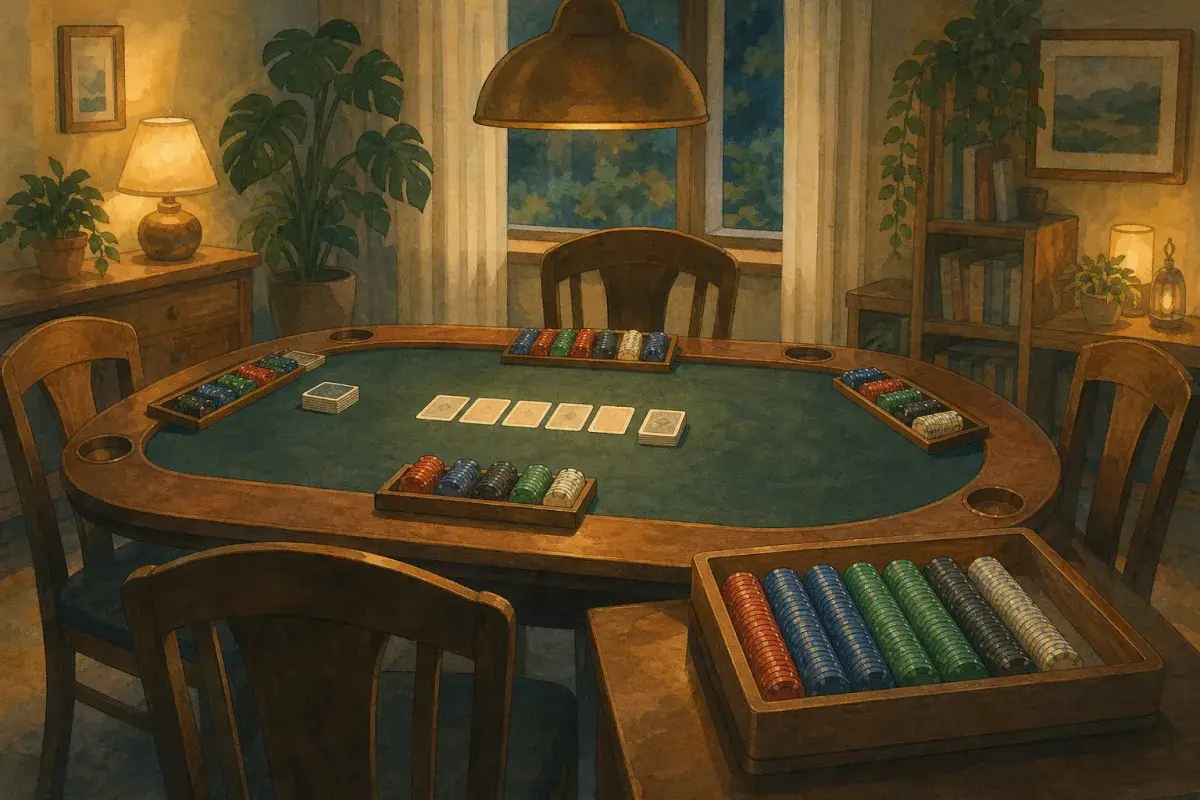 Hand-painted home poker table with chip racks dealt to seats and a separate dealer tray of reserve chips — poker chip bank for home games