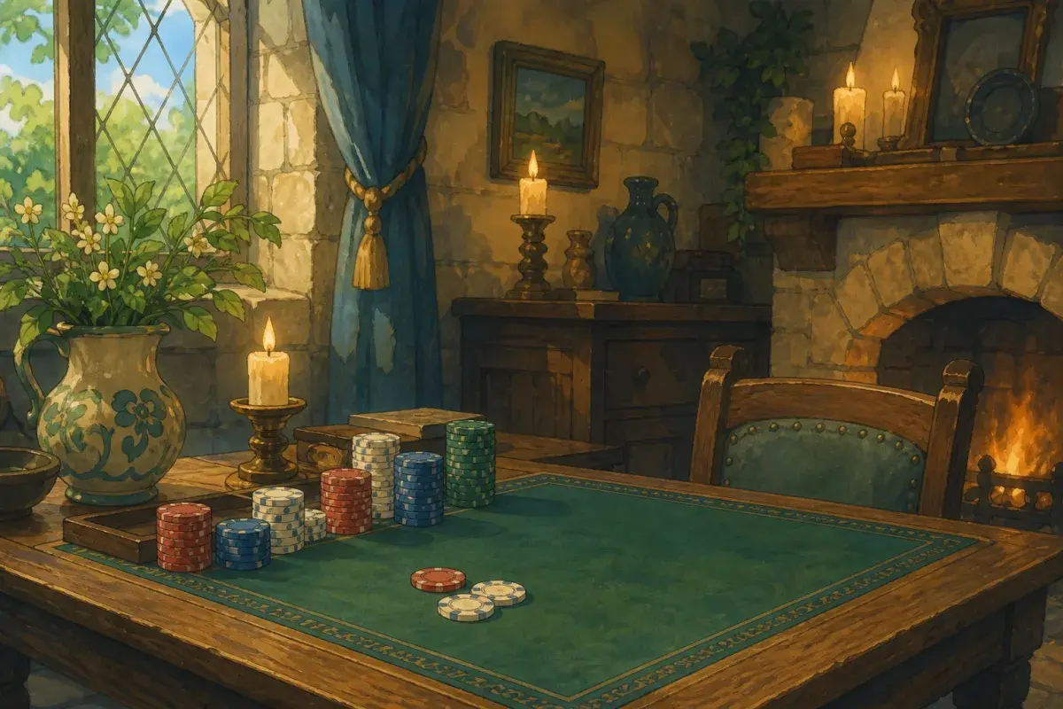 Illustration of stacked ceramic poker chips on a cosy home game table in warm light — The Tipping Room 1,000-chip case study