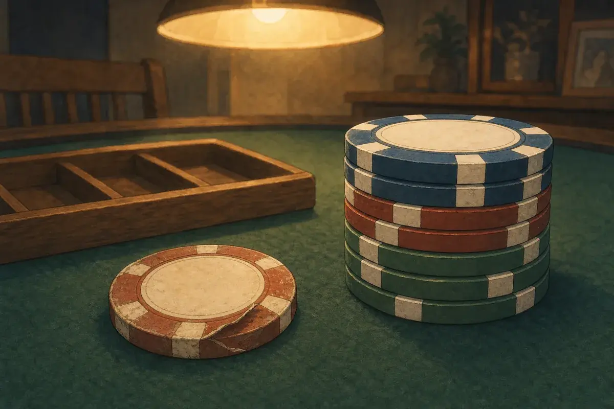 Studio illustration of one worn poker chip with a lifted inlay edge beside a fresh stack — when to replace custom poker chips