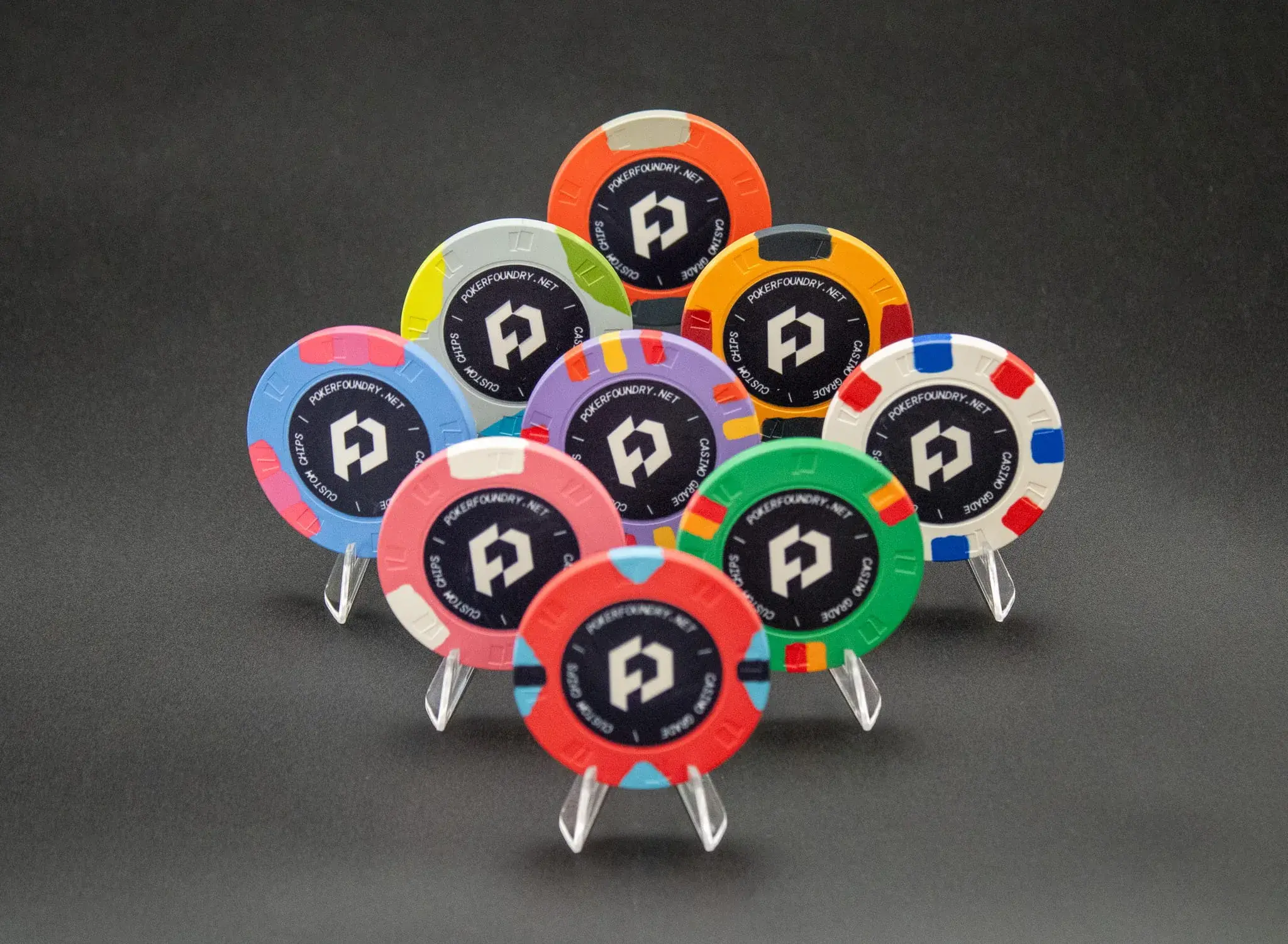 Direct-to-chip printed ceramic chips with bold logo art, flat modern edge profile, and fade-resistant UV finish