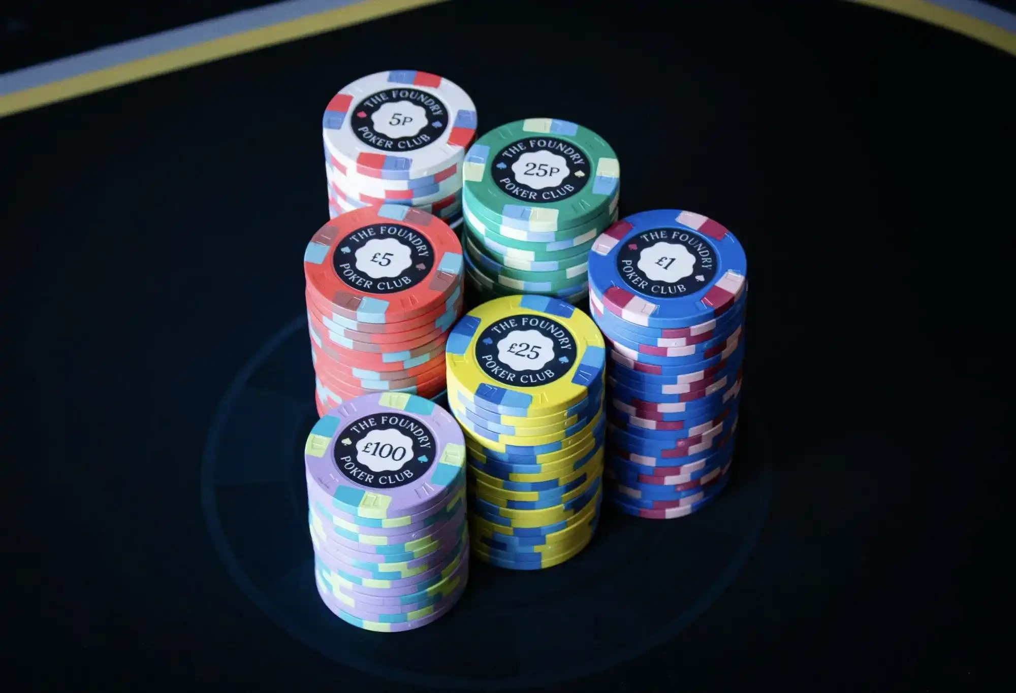 The Foundry in-stock ceramic poker chip set arranged by sterling denomination from 5p to £100