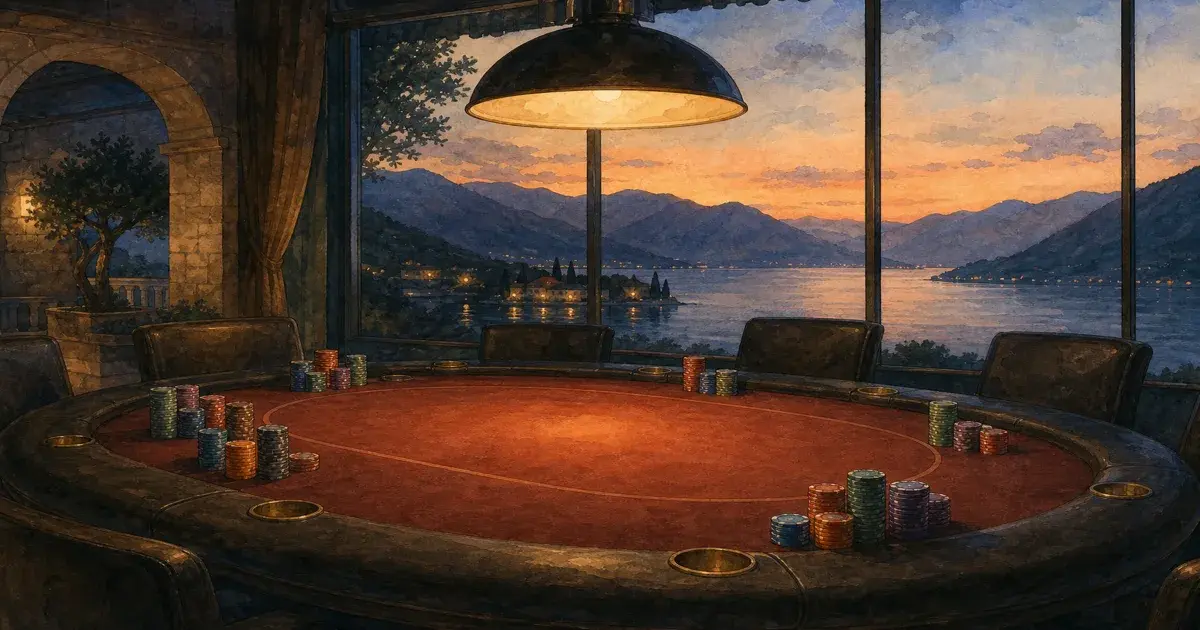 Ghibli-style Montenegro casino table with single overhead lamp, tall chip stacks at empty high-roller seats, and lake view through window — Casino Royale 2006 poker scene