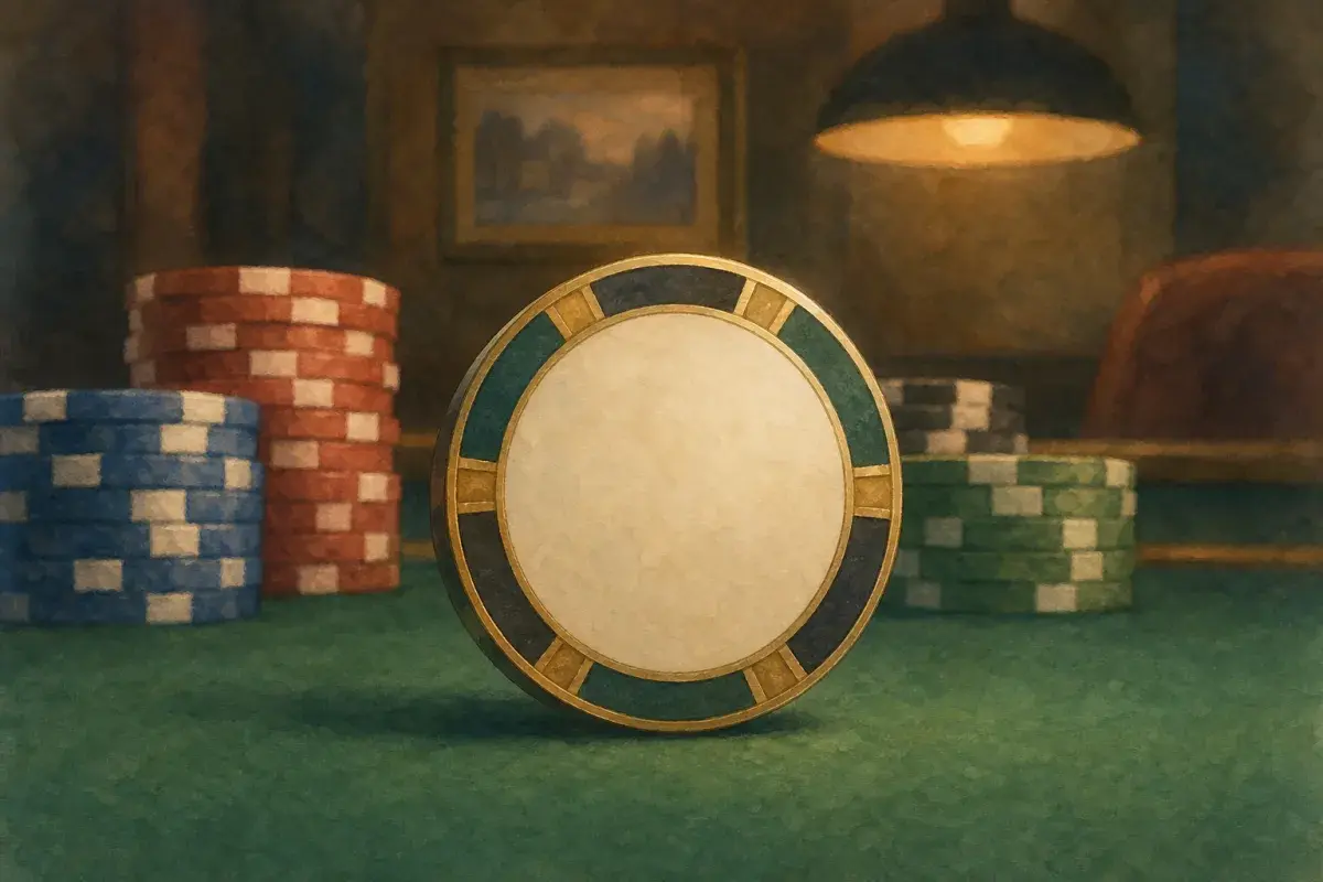Ghibli-style close-up of a custom dealer button beside matching chip stacks on felt — custom dealer button to match poker chips