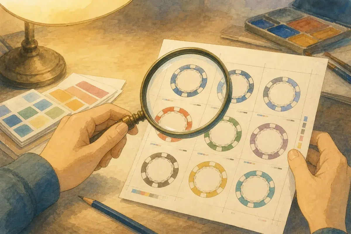 Ghibli-style close-up of hands holding a magnifying glass over a chip design proof sheet with oversized centre numerals — custom poker chip denomination text size