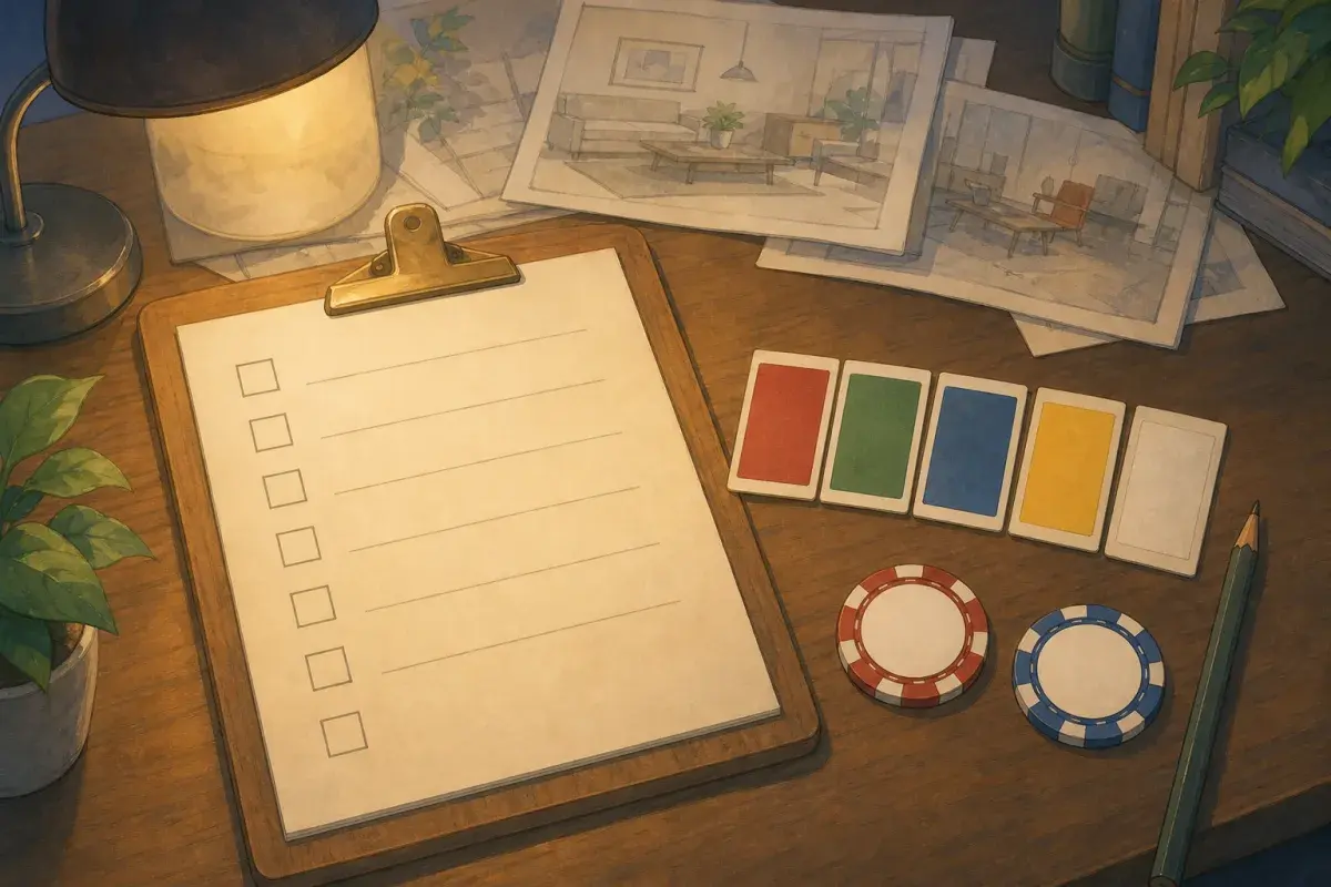 Checklist clipboard beside colour swatches and blank chip faces on a design desk — custom poker chip design brief
