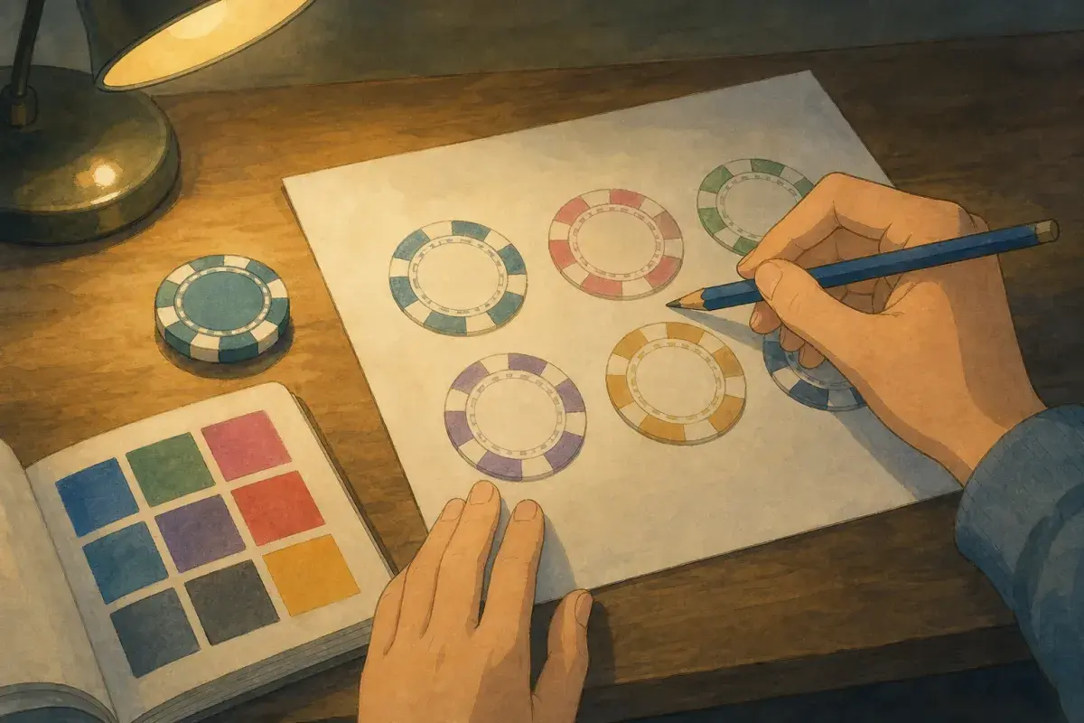 Ghibli-style design desk with a printed chip proof sheet, pencil annotations, and colour swatches — custom poker chip proof approval guide