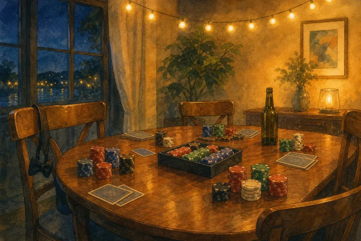 Ghibli-style bachelor party poker table with bow tie on chair, chip tray, and warm string lights — custom poker chips for a bachelor party poker night