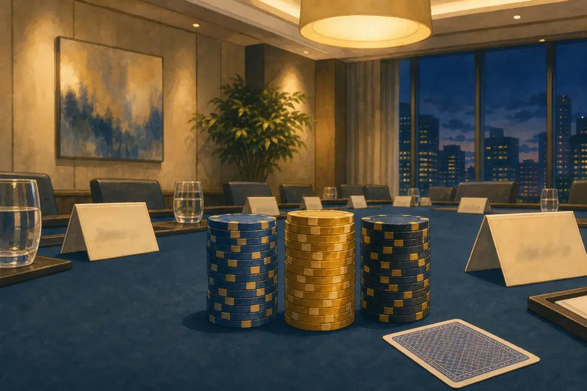 Illustration of branded poker chip stacks on a conference table beside name cards and warm lighting — custom poker chips for corporate events