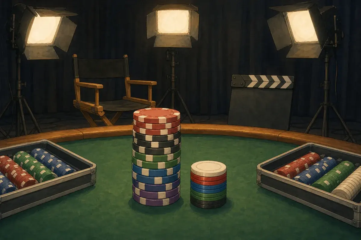 Studio Ghibli-style film set with poker table, film lights, and heavy custom clay chips beside thin plastic stacks — custom poker chips for film and TV props