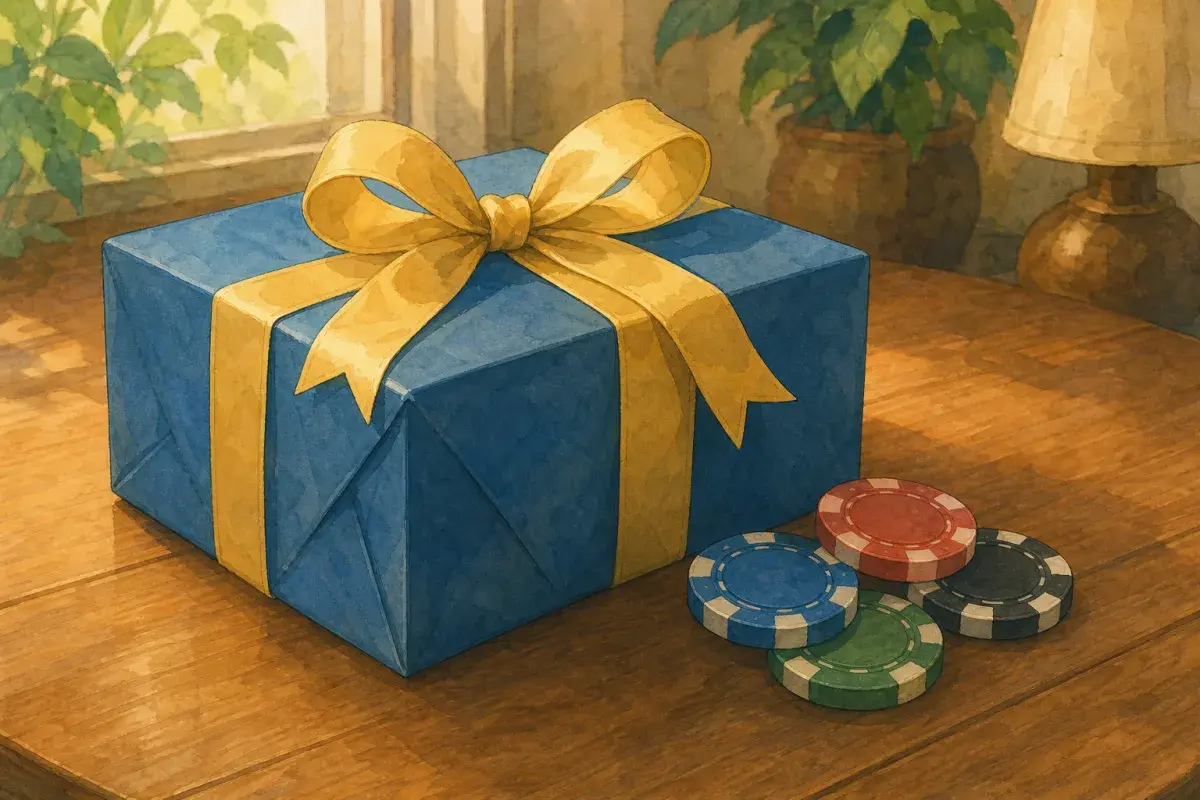 Illustration of a ribboned gift box with colourful poker chips beside it — custom poker chips as a gift for a poker friend