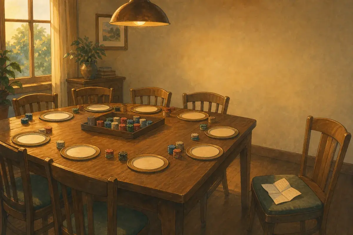 Ghibli-style dining table with split receipt, shared chip tray, and eight place settings — custom poker chips group buy planning scene