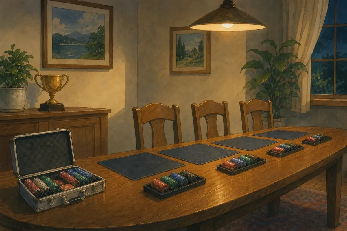 Ghibli-style long home table with chip trays at four seats, a small trophy on the sideboard, and warm lamp light — custom poker chips for a home poker league