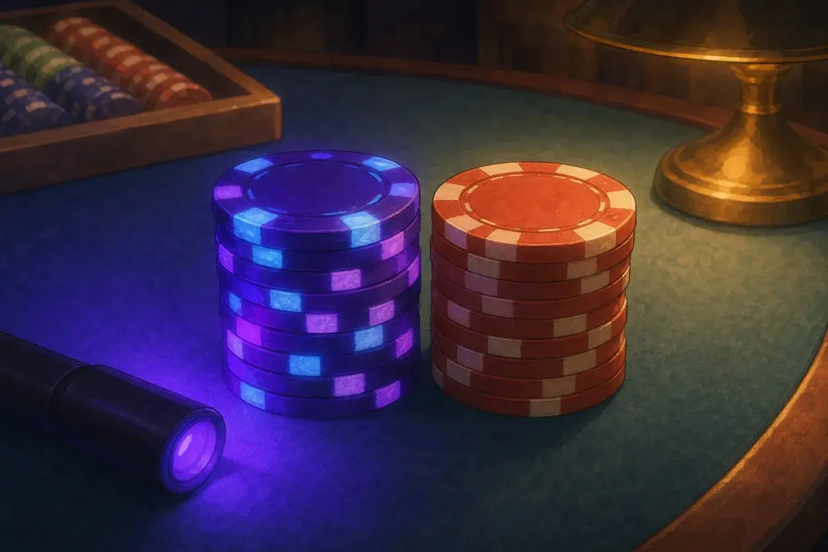 Poker chips under soft ultraviolet-style light beside a normal stack — custom poker chips security RFID and UV explained