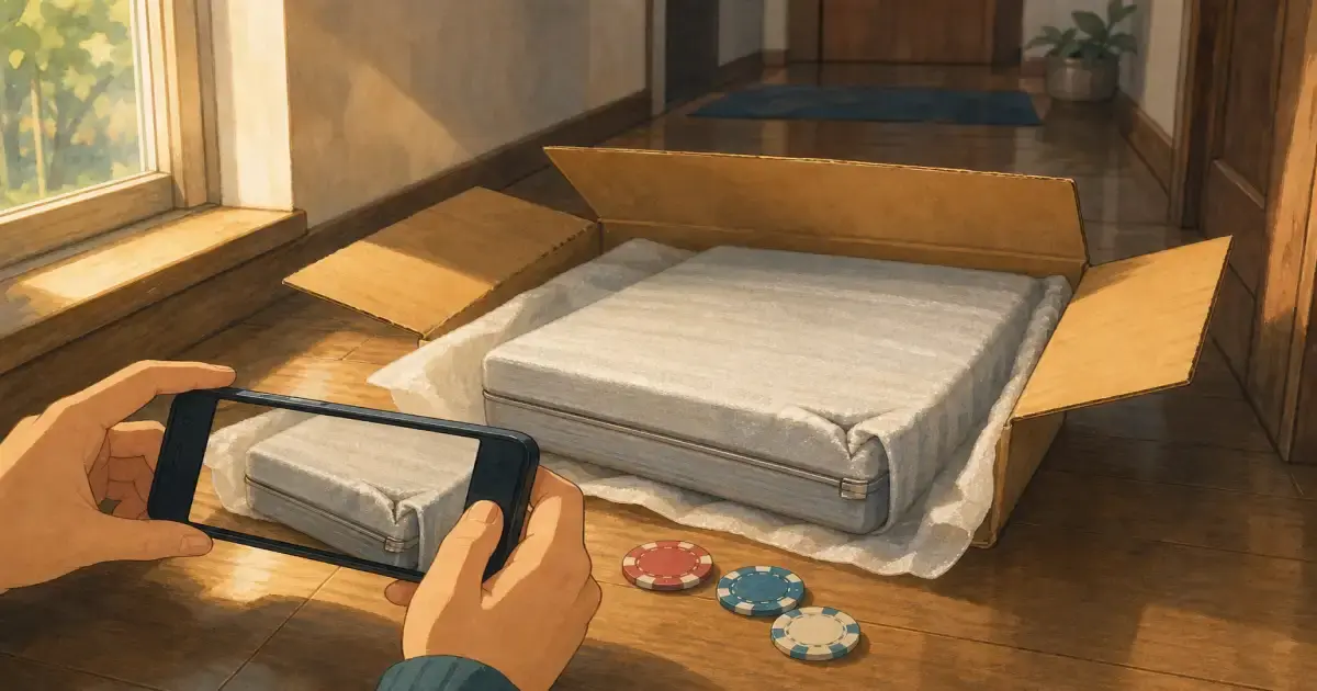 Ghibli-style open shipping carton on hallway floor with foam-wrapped chip case, corner dent visible, and phone photographing damage — custom poker chips shipping damage guide