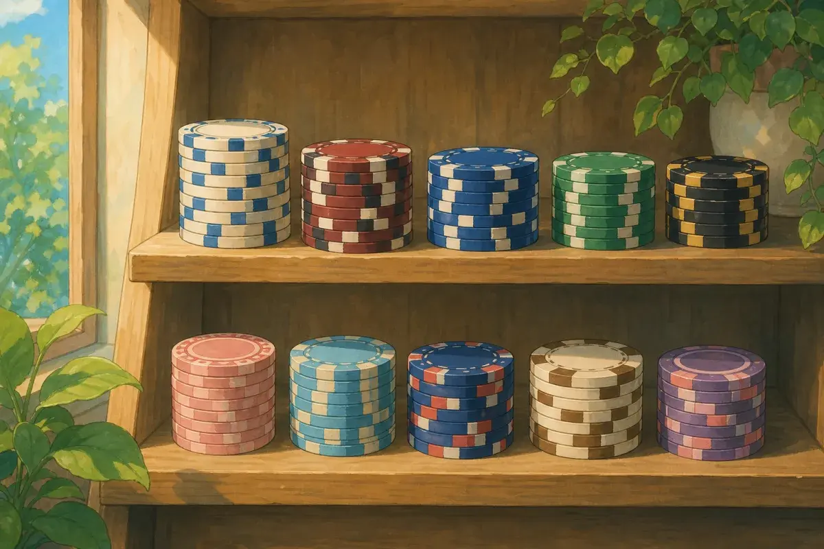 Illustration of a shelf displaying different custom poker chip styles — comparing UK custom poker chip product types