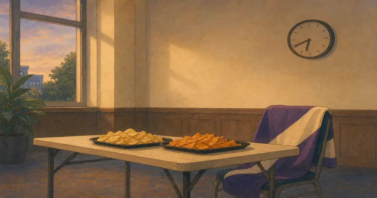 Ghibli-style empty student common room table with chip trays, society banner folded on chair, and wall clock — custom poker chips university poker society
